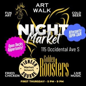 Pioneer Square night market small business vendor market at Golden Roosters on May 1st featuring artists by inspired imp and music by Magnetic Media