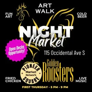 Pioneer Square night market small business vendor market at Golden Roosters on May 1st featuring artists by inspired imp and music by Magnetic Media