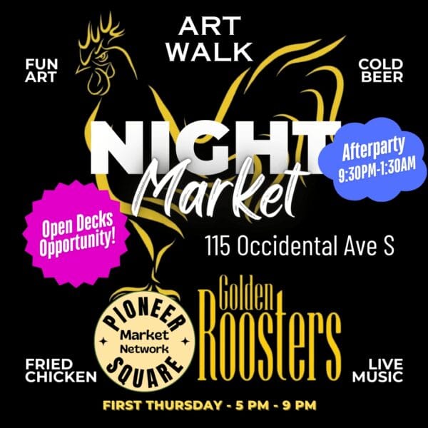 Pioneer Square Art Walk night market small business vendor market at Golden Roosters Underground on June 5th 2025 featuring artists by Inspired Imp and music by Magnetic Media