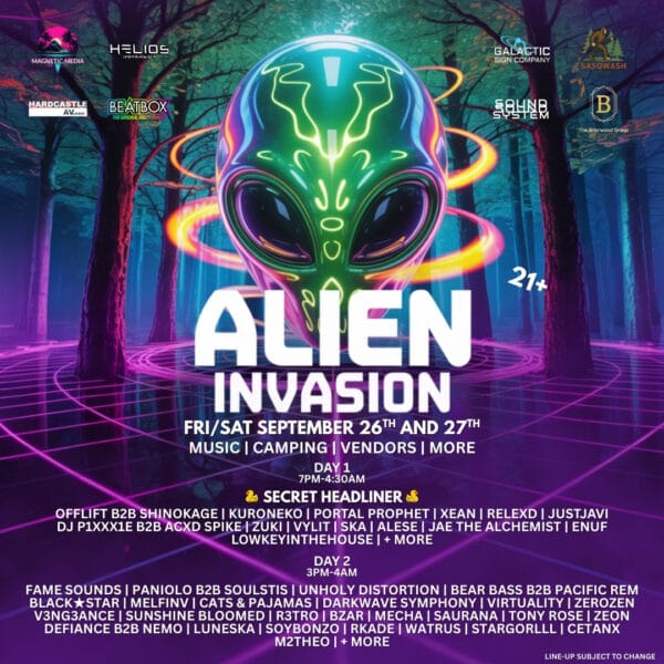 Alien Invasion 2025 Outdoor music festival at Dirtbag Farms in Auburn WA September 26th and 27th by Magnetic Media